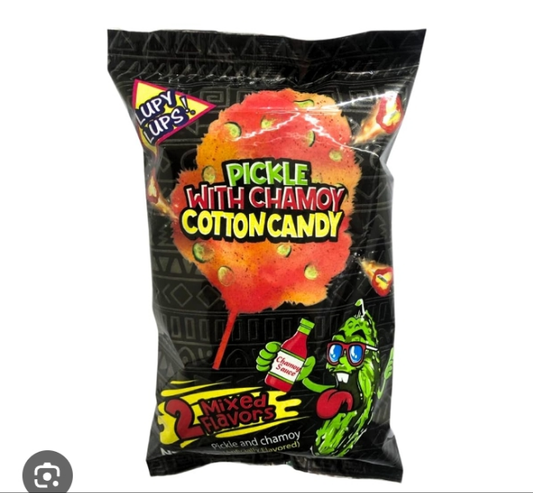 Pickle with chamoy cotton candy
